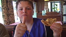 Ash enjoying another toasted teacake, this time at the Old Station House Inn, Blackmoor Gate